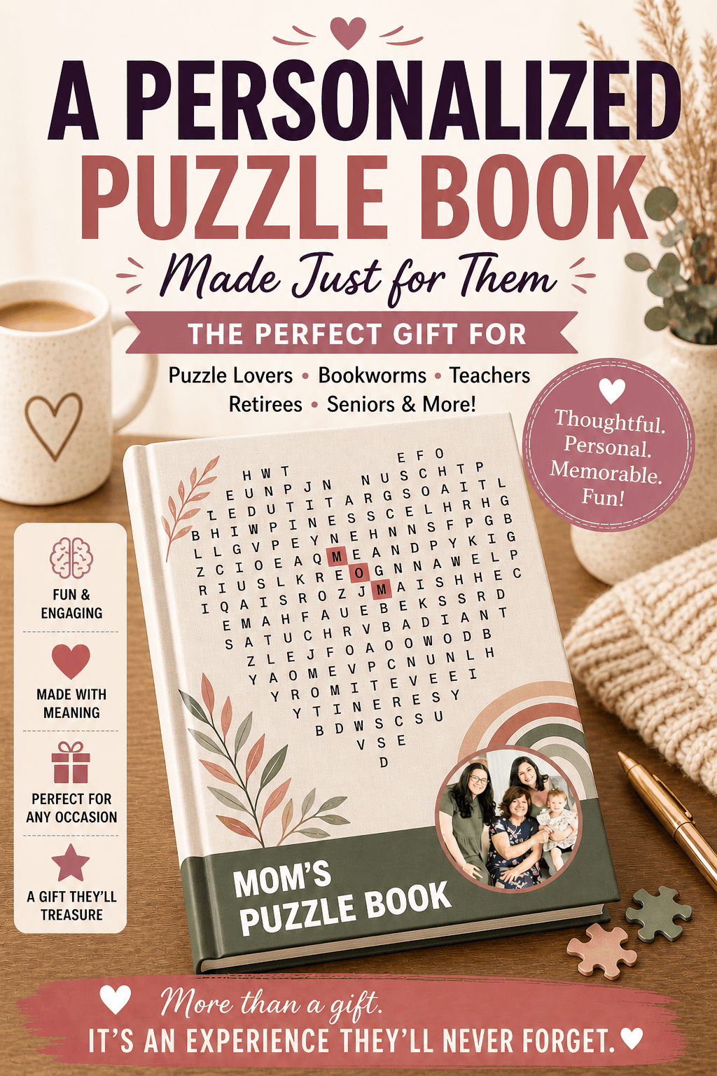 A personalized puzzle book — made just for them — the perfect gift for puzzle lovers, bookworms, teachers, retirees, and seniors