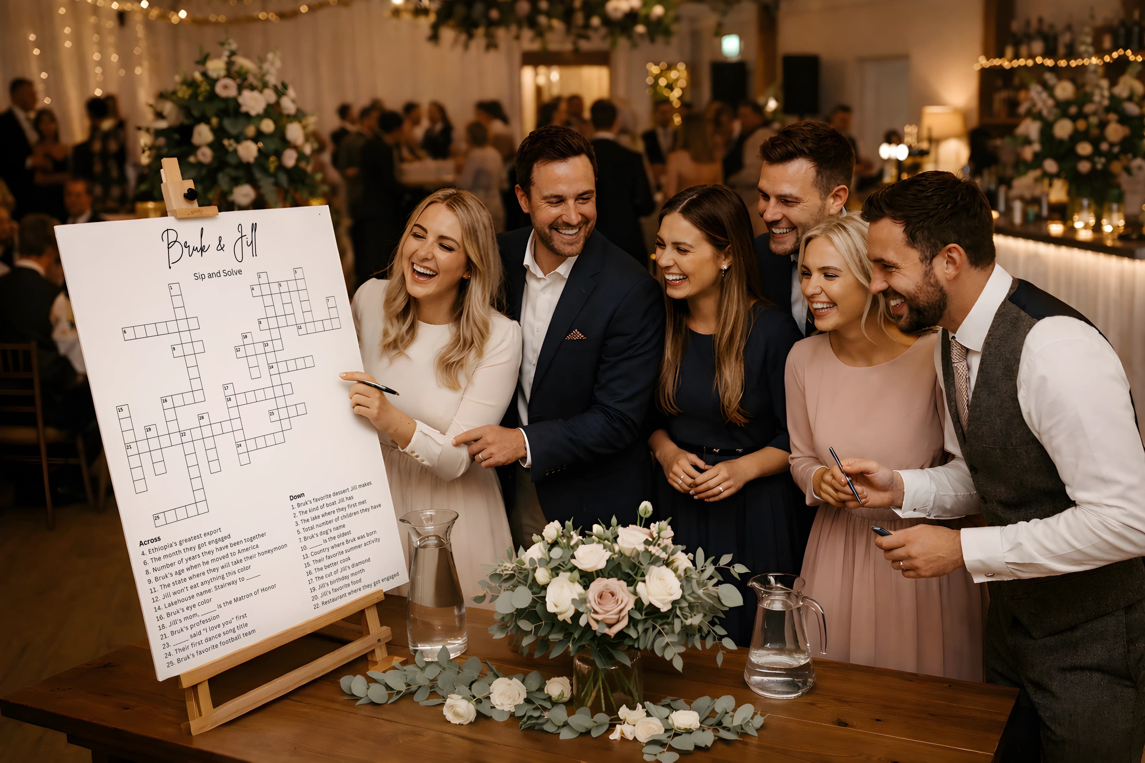 Guests laughing and solving a giant personalized crossword puzzle at a wedding