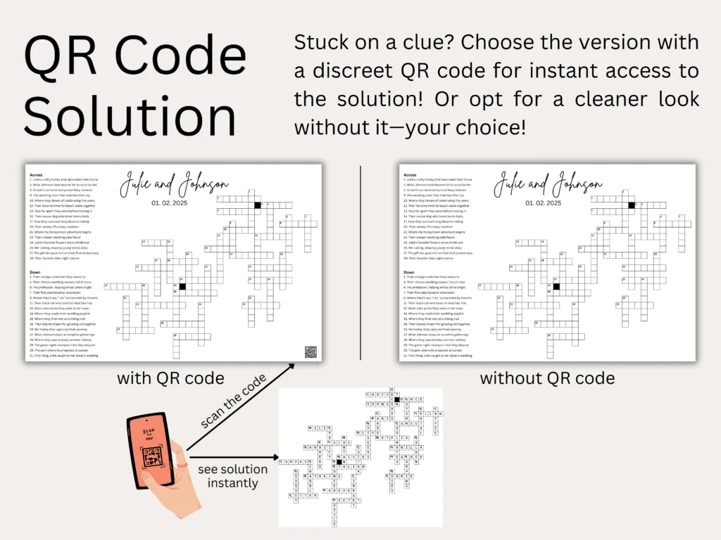 Guests collaborating on a wedding crossword puzzle at social hour