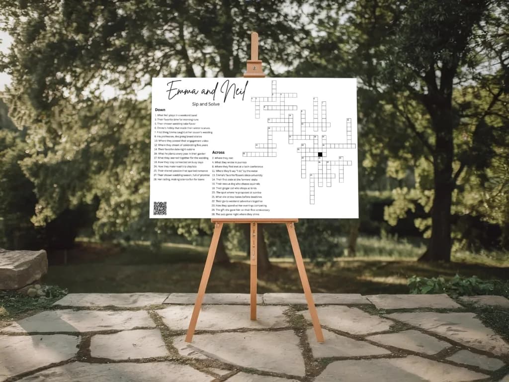 Giant wedding crossword puzzle on display at a wedding reception