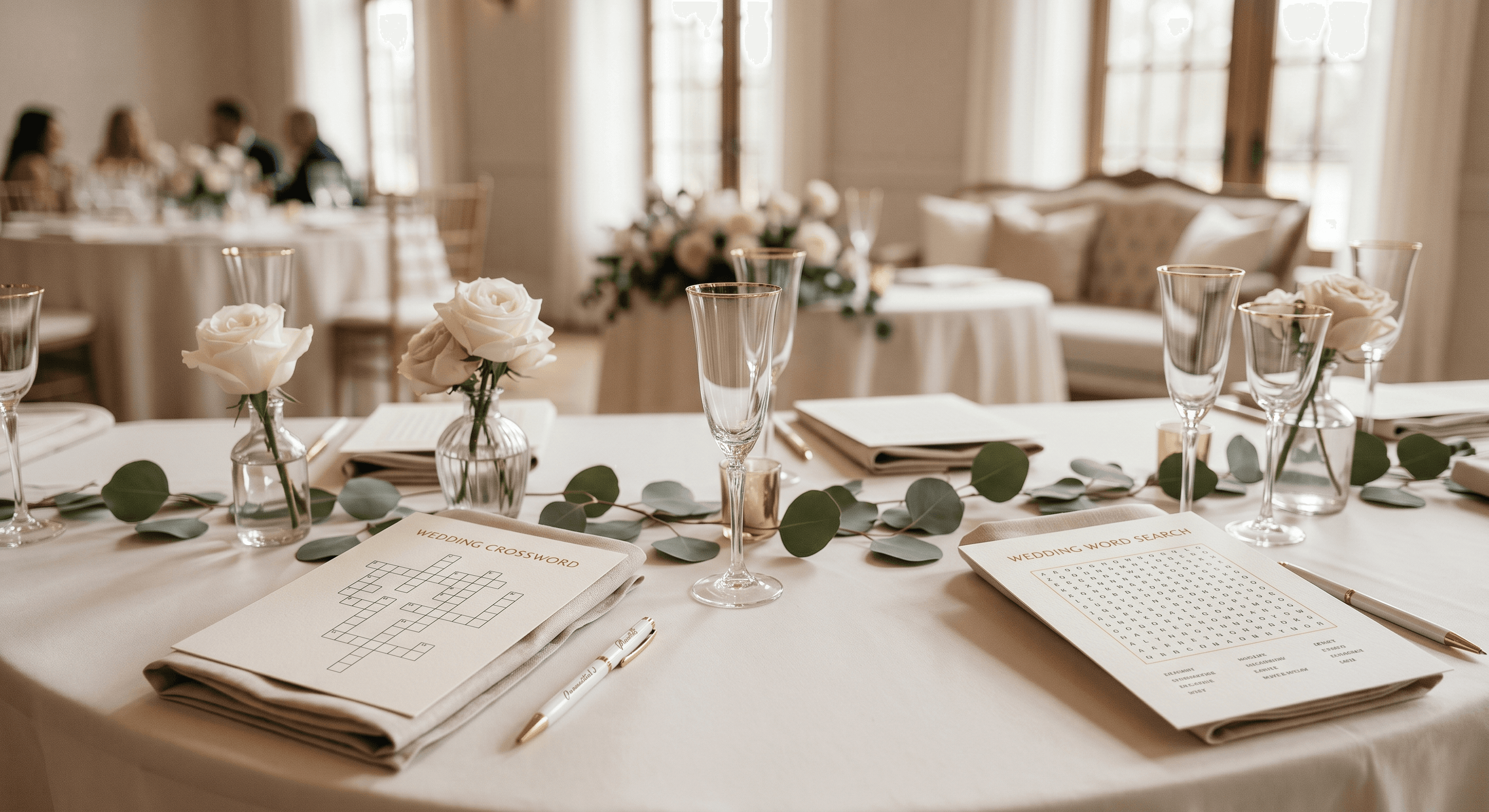 Custom wedding crossword puzzle displayed at a reception