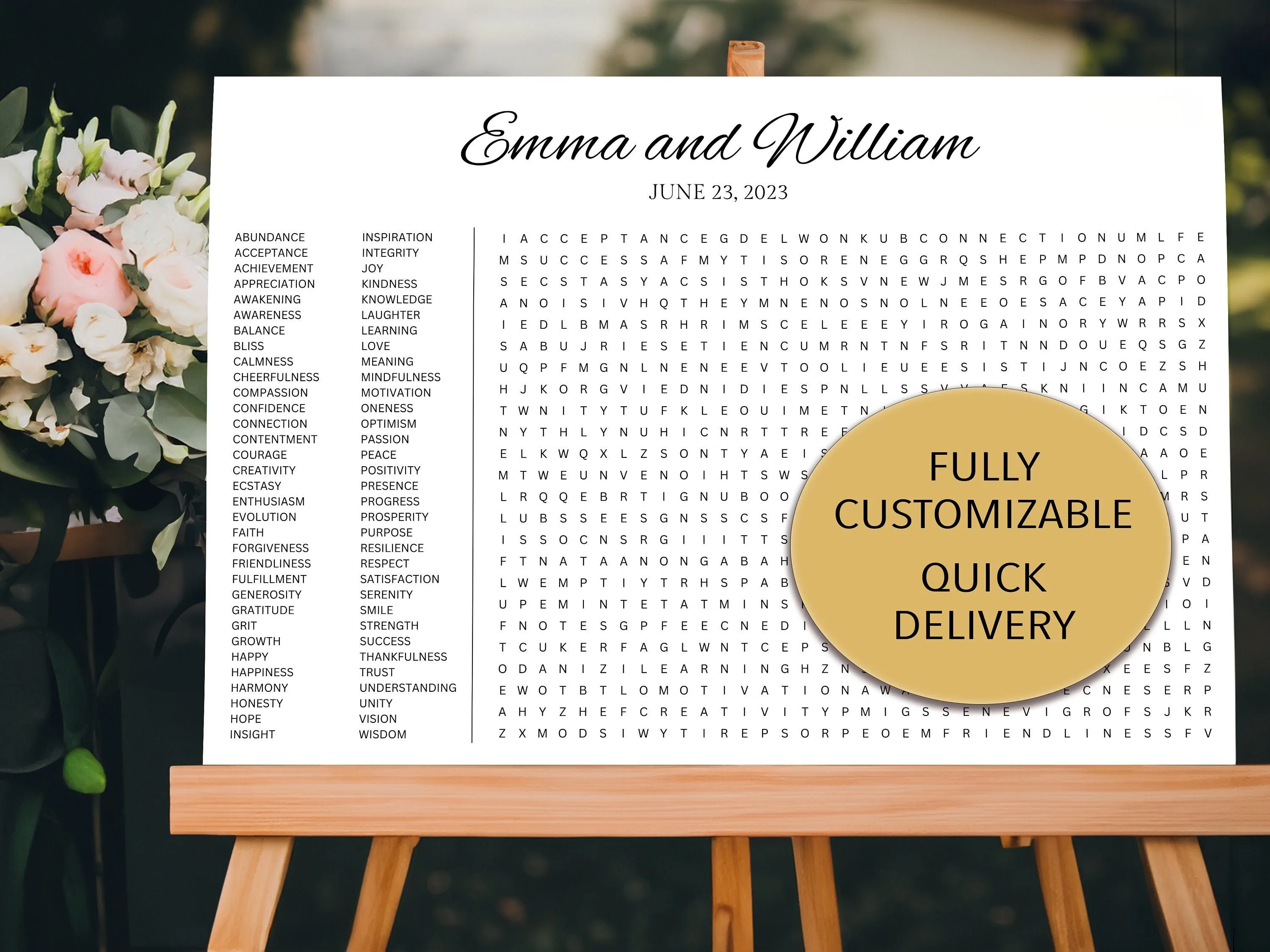 Giant wedding word search puzzle — personalized with names, dates, and meaningful words