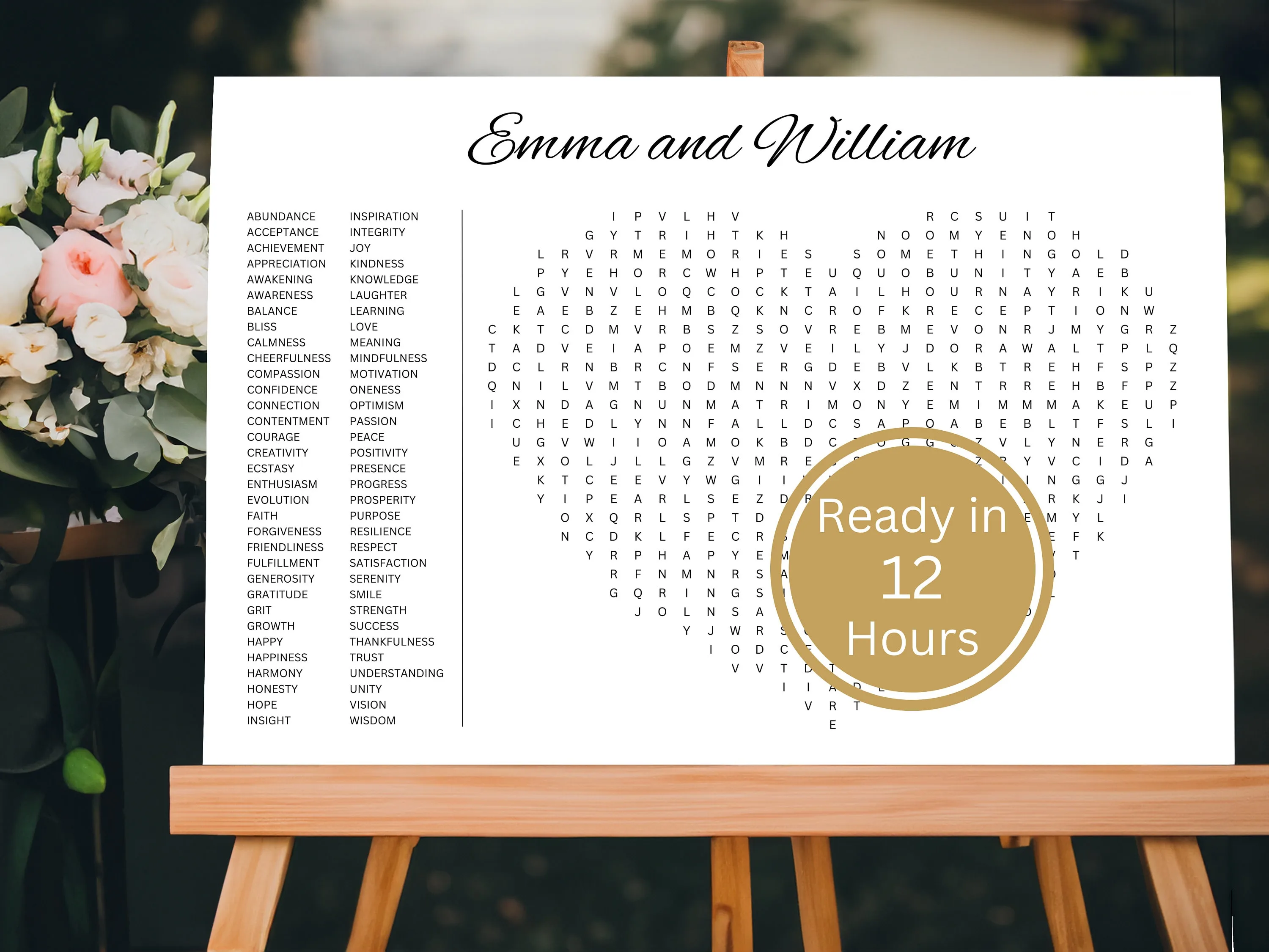 Heart-shaped custom wedding word search — a popular guest book alternative