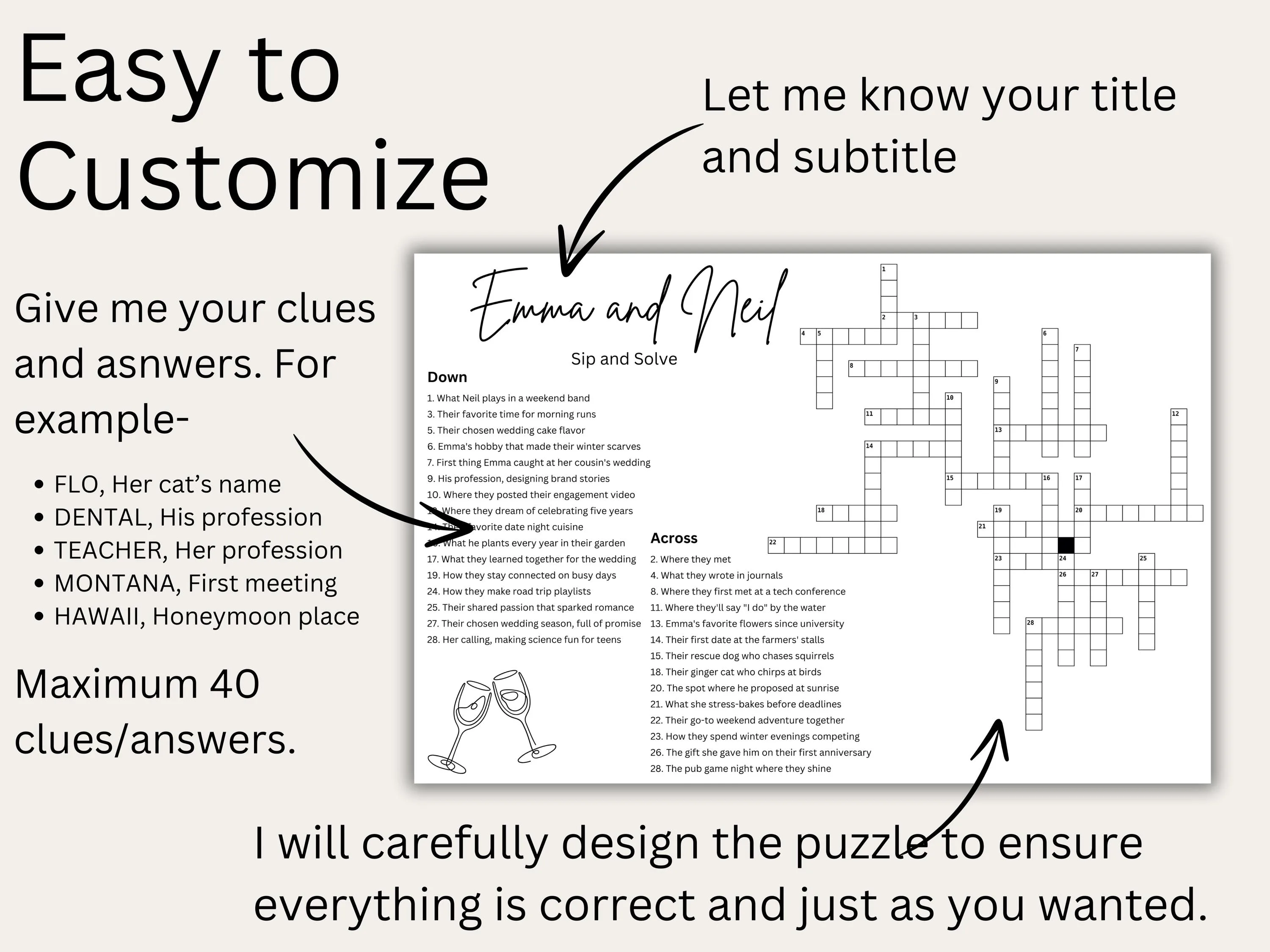 Custom wedding crossword puzzle detail