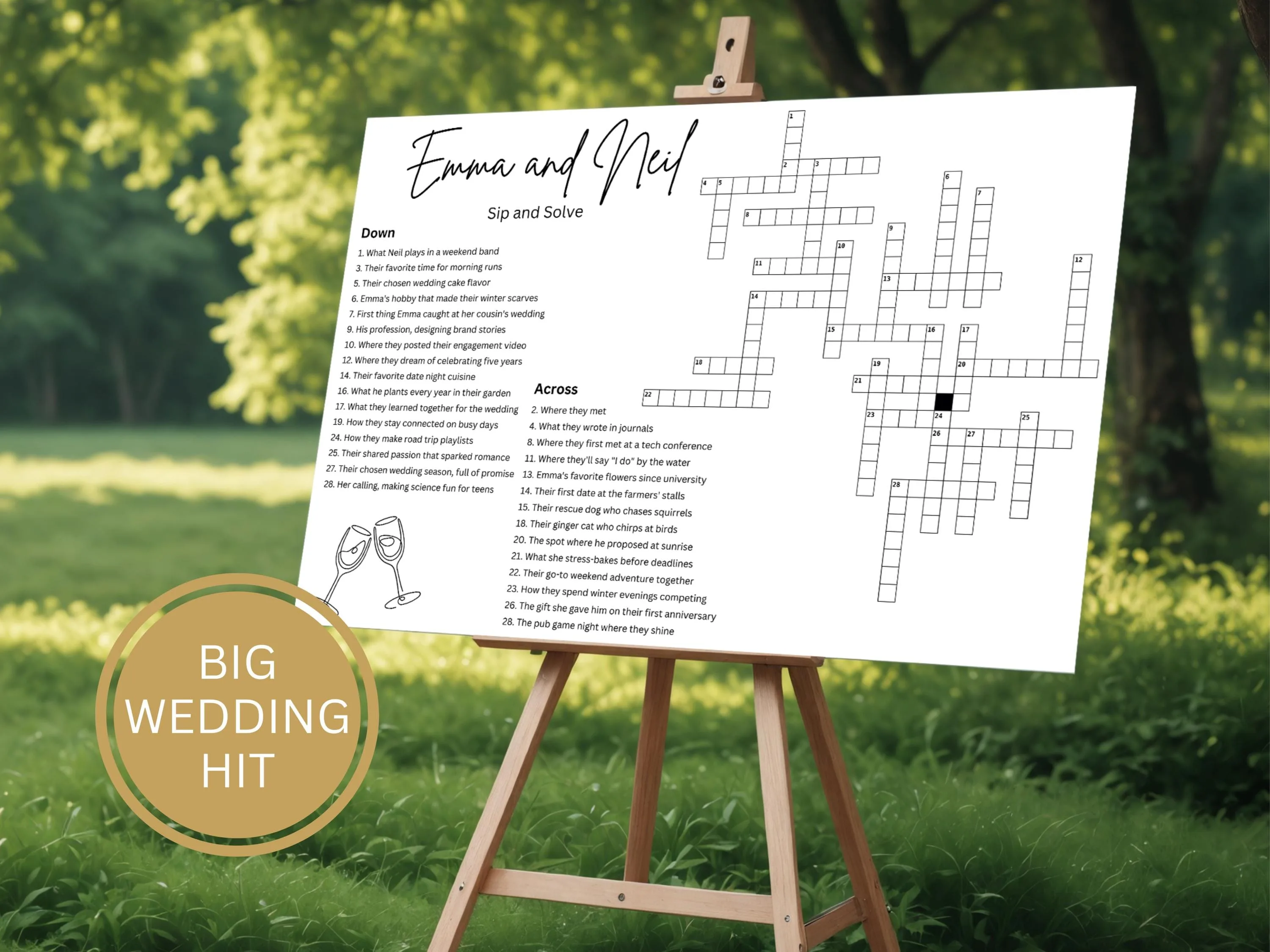 Giant wedding crossword puzzle on display at a reception