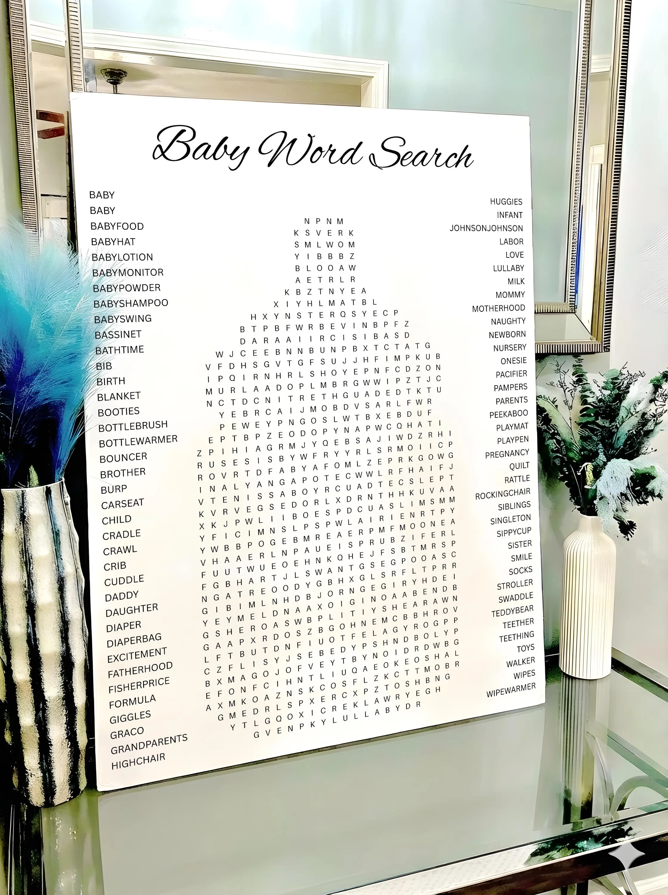 Custom Sip & See Word Search Puzzle – Baby Shower Shaped Game